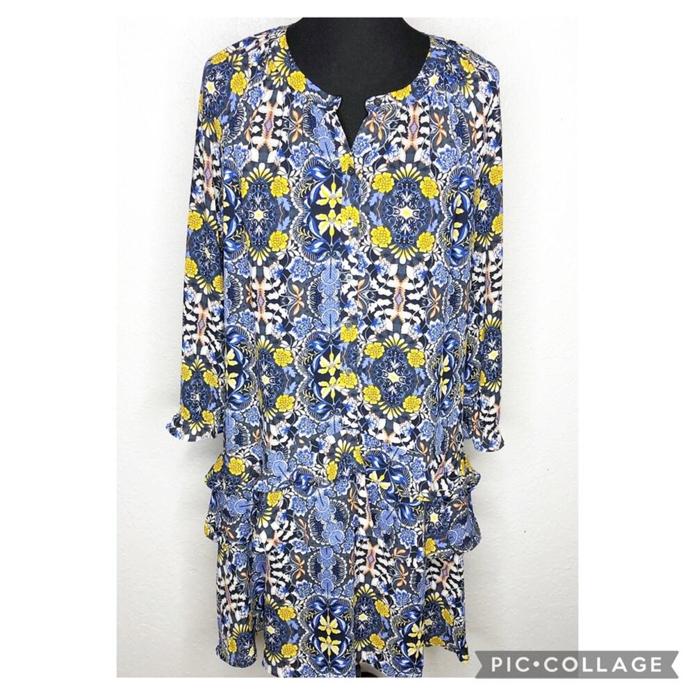LOFT blue yellow orange floral tiered ruffle dress size Large feminine romantic